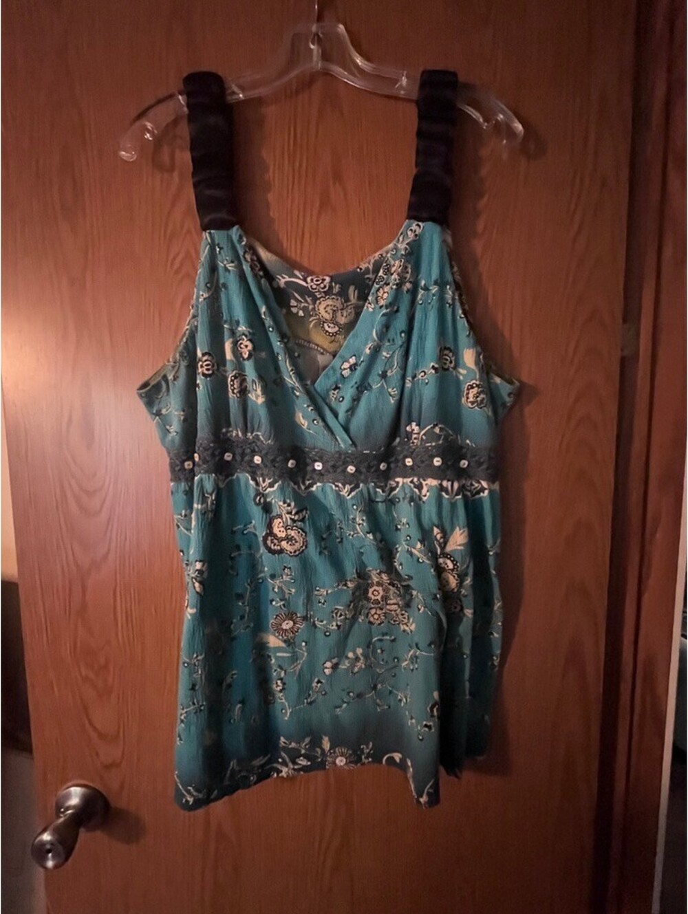 Cute Teal Floral Tank Top with Black Ruffled Straps Plus Size 22/24